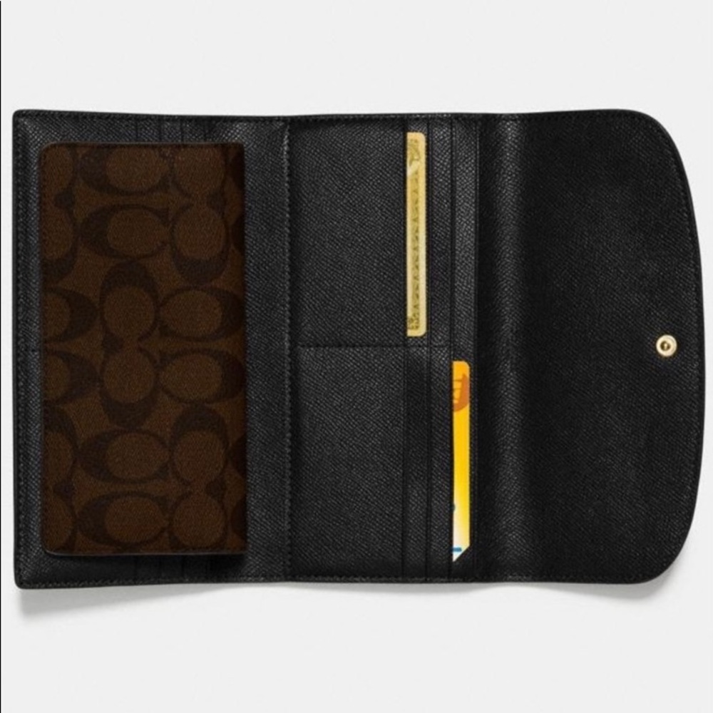 COACH Signature Slim Envelope Wallet Brown Black Leather Long Flap Clutch - Picture 12 of 13